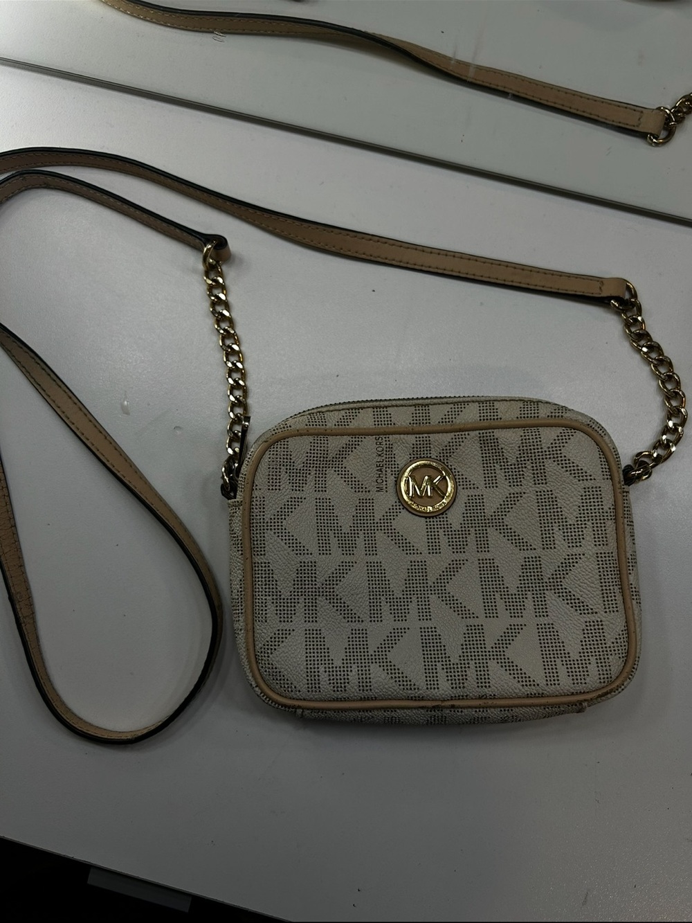 Michael Kors Beige Signature MK Logo Crossbody with Gold Accent